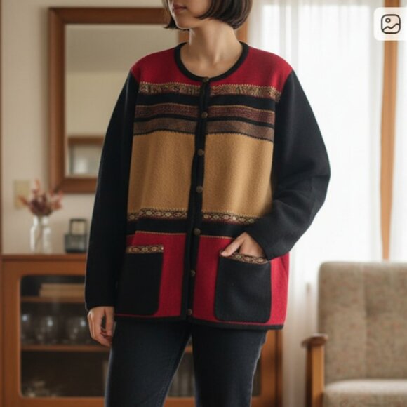 100% Wool Vintage Koret Cardigan Sweater Red and Black Embroidered  For Women - Picture 1 of 11